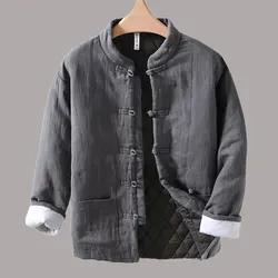 Chaqueta acolchada cálida de estilo chino Retro para hombre, ropa de exterior holgada Harajuku, Color sólido, algodón y lino que combina con todo, con botones