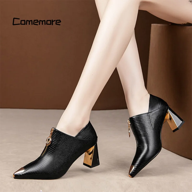 Comemore 2023 Autumn New Fashion Women Shoes Black Zip Leather Ladies Shoe Metal Pointed Toe Pumps Fashion Sexy High Heels Boots