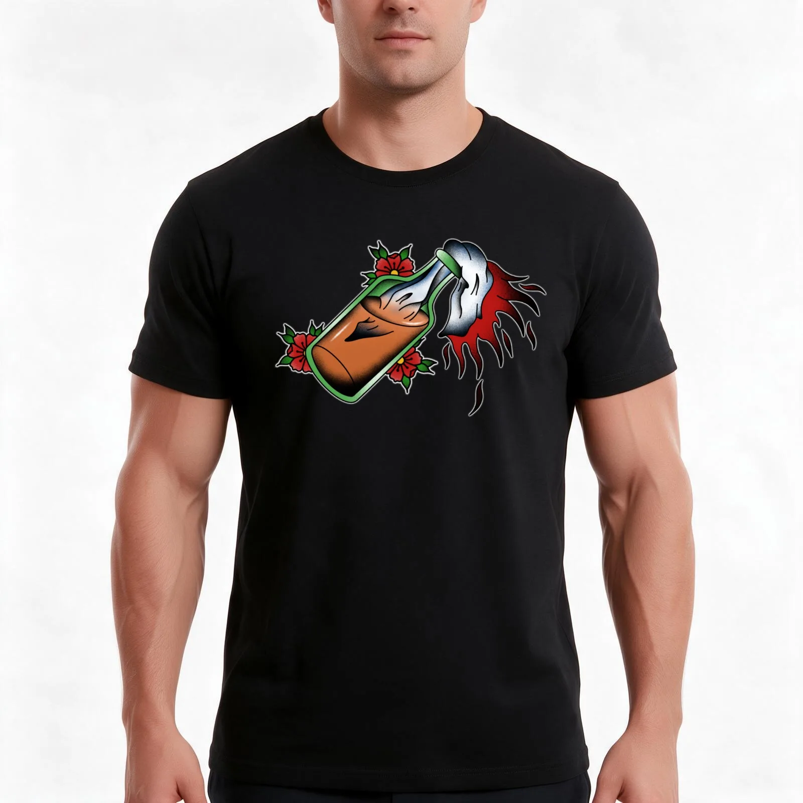 Full Colour Molotov Cocktail T-Shirt, Summer Casual Cotton Tee, Oversized Streetwear Tops, Vintage Graphic Print, 100% Cotton