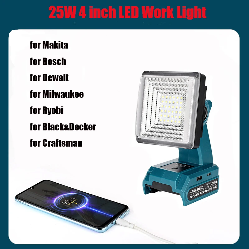 25W LED work light for Makita/Bosch/Dewalt/Milwaukee/Ryobi/Black&Decker/Craftsman withUSB&Type-C,suitable for construction sites