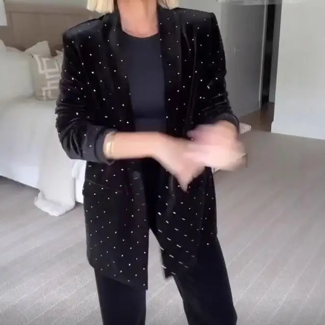 

Women's Velvet Suit Jaet Commute Sle Loose Fit Long Sve Diamond Embellied Pure Color Polyester Fiber Busin Wear