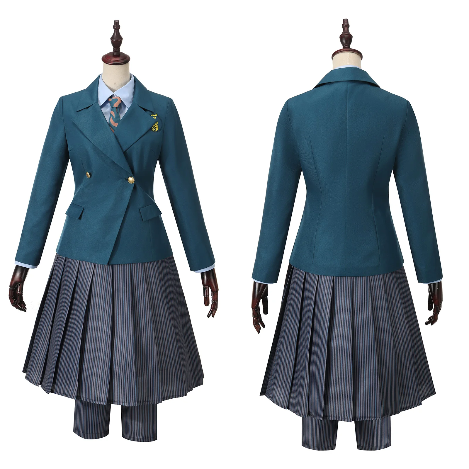 Glynda Elphaba School Uniform Cosplay Costume Blue Shirt Green Coat with Dress Full Set for Halloween Christmas Party