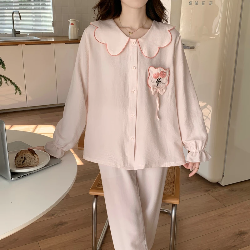 Spring & Autumn New Women\'s Pajamas Crepe Cotton Cute Embroidery Women Home Clothes Soft Loose Doll Collar Pink Bow Sleepwear