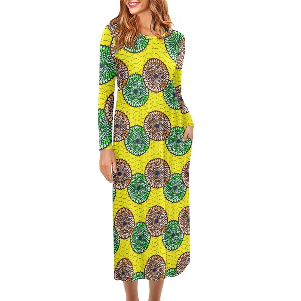 

Custom Women Loose Office Ladies Maxi Long Dresses With Pockets Long Sleeve Fashion African Print Ankara Kitenge Designs Dress