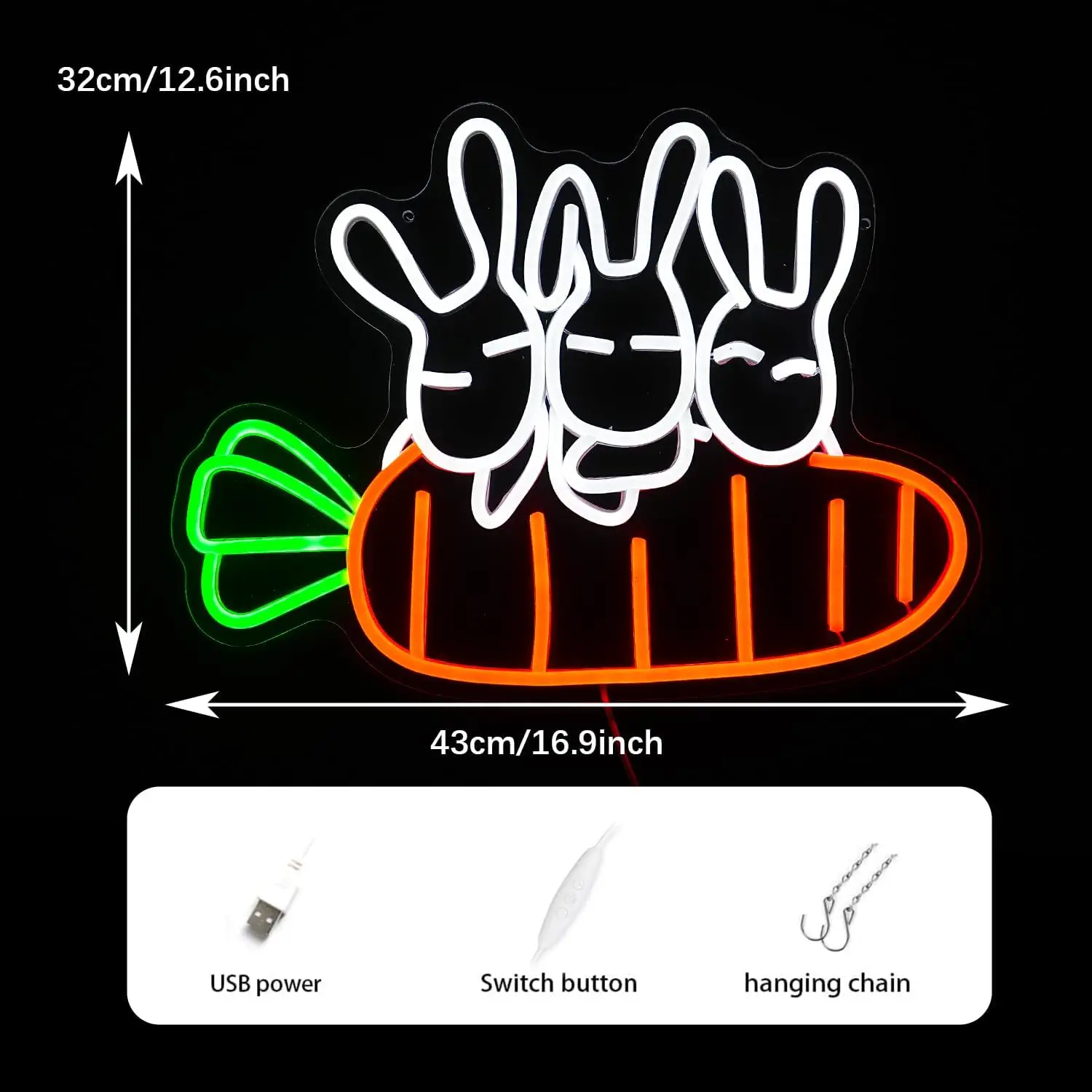 Letrero de neón con forma de zanahoria y conejo, luz LED bonita para decoración de pared, blanco, naranja, verde, iluminado, restaurante, animal, habitación de niños, regalo de cumpleaños