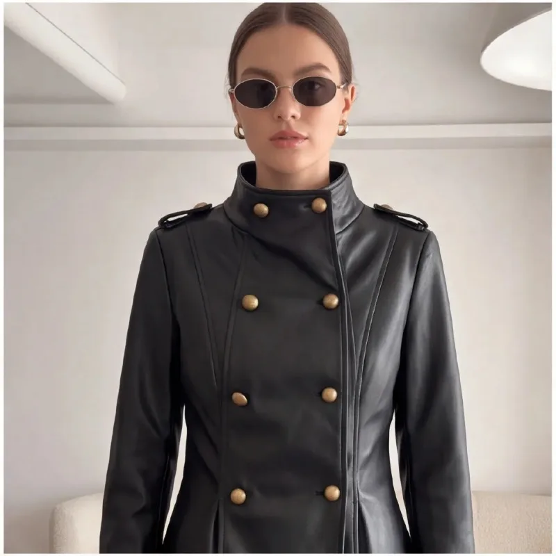 Guobioziy Women Stand Up Collar PU Jacket Chic Metal Buckle Faux Leather Black Double Breasted Long Sleeves Autumn Outfit