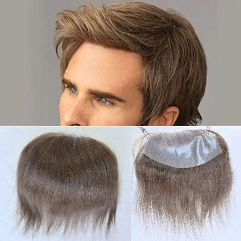 

Pwigs 7 Light Brown Color 7X16cm Men Toupee V Frontal Forehead Hairline 100% Human Hair Ultra Thin Skin PU Man Hair Patch