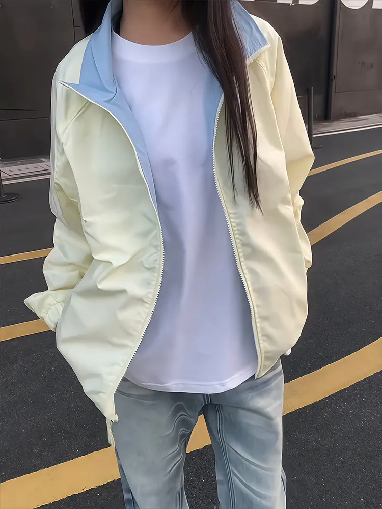 Tian Blue Color Block Contrast Color Men's Spring Autumn Vintage Trendy Flight Jacket Couple's Simple Stand Collar down Jacket