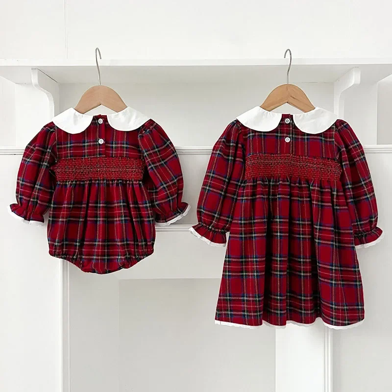 용수철 여아 롬퍼, 여아 파티 원피스, 긴팔 코튼 그리드, 어린이 공주 드레스, 아동복, 2-6 세, 2025 신제품