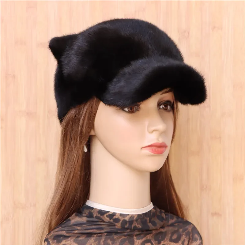 Mink knight hat female mink fur hat fashion all-match cute whole mink cat ear baseball cap tail shape cap winter warm