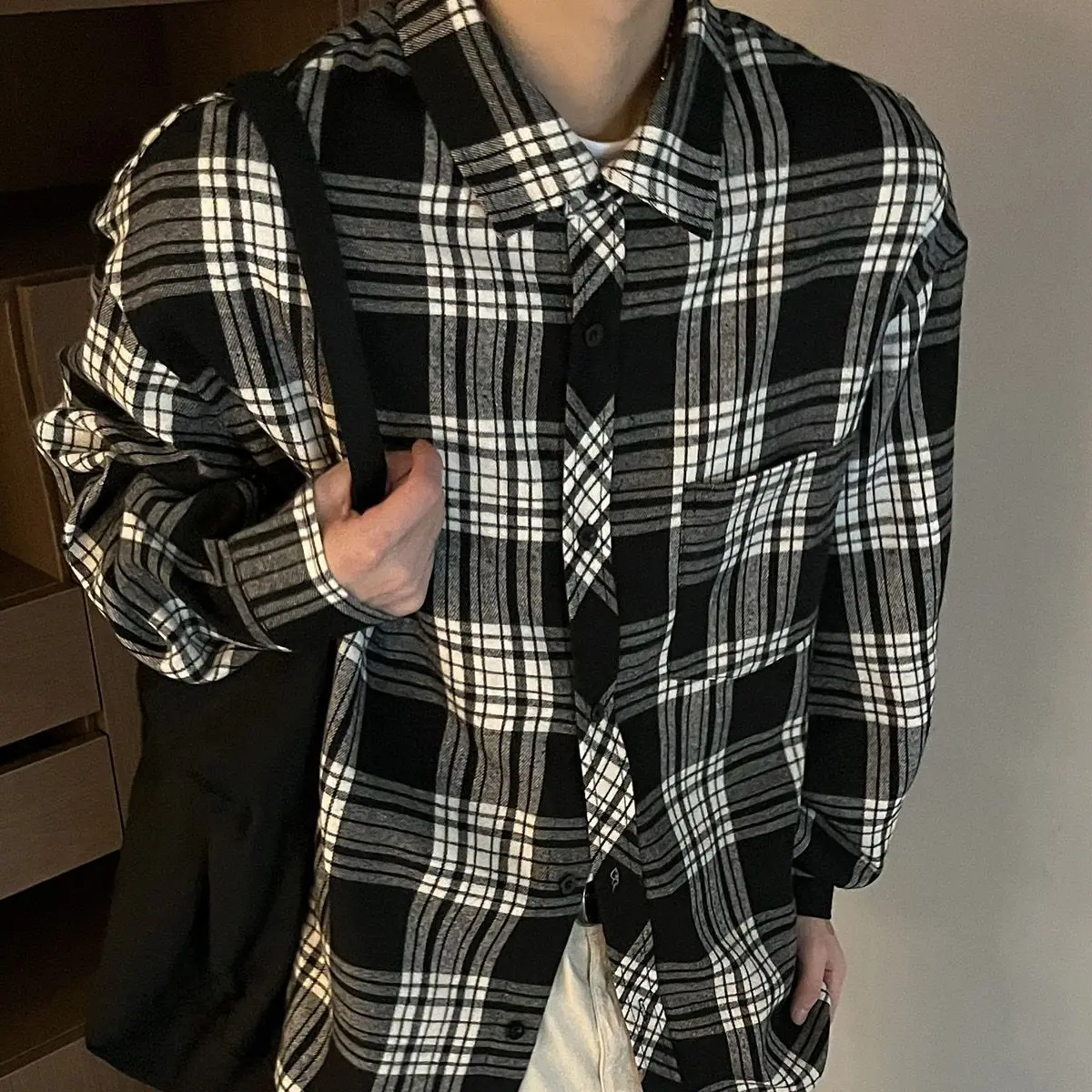 대형 사이즈 남성용 체크무늬 긴 소매 가을 겨울 빈티지 한국 스타일 패션 아우터웨어 통기성 면 폴리에스터