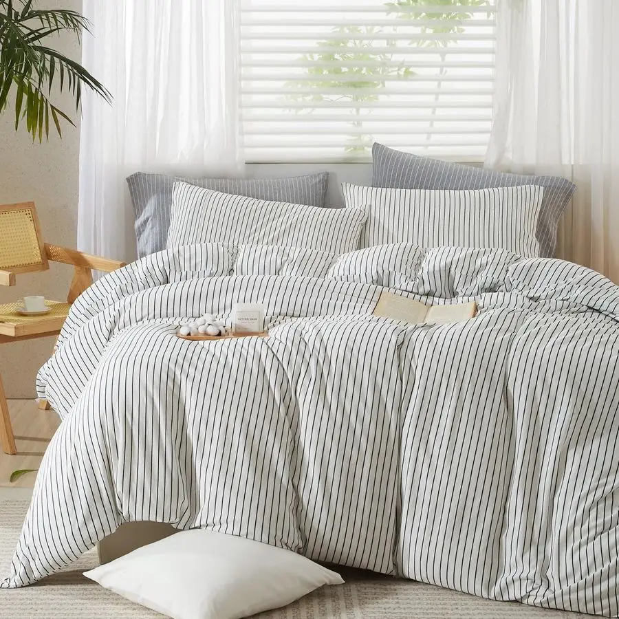 

Комплект пододеяльников в полоску из 100% хлопкового трикотажа (джерси) с эффектом футболки, ультрамягкий, немнущийся, бело-черные полосы, размер King