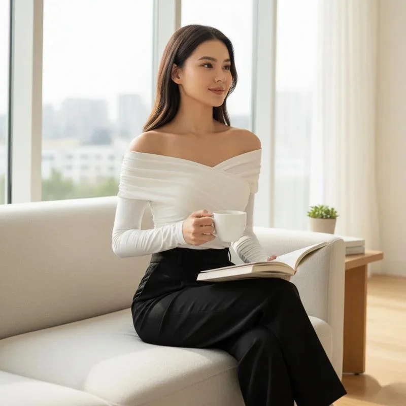 

Chic Women Off Shoulder Fitted Bodysuit Soft Knit Fabric Long Sleeve Top Ideal For Casual Party Dating Style Spring Autumn Wear