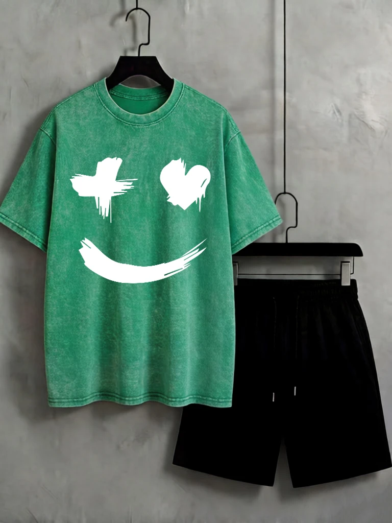 

Creative Funny Faceprint Cotton Washed T Shirt Men Soft Retro Shorts Fashion O-Neck Tee Set Breathable Summer Sport Short Sleeve