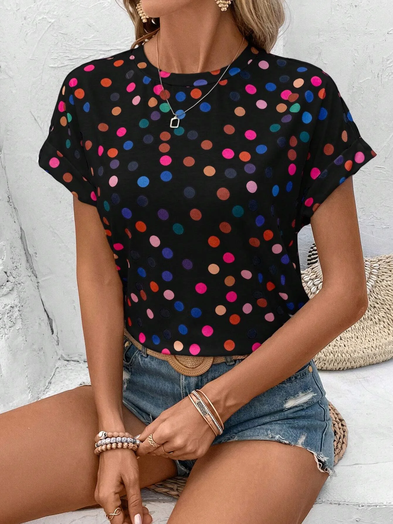 Fashionable Women\'s T-shirts Colorful Dopamine Polka Dot Casual Round Neck Short Sleeve Women\'s T-Shirt For Spring And Summer