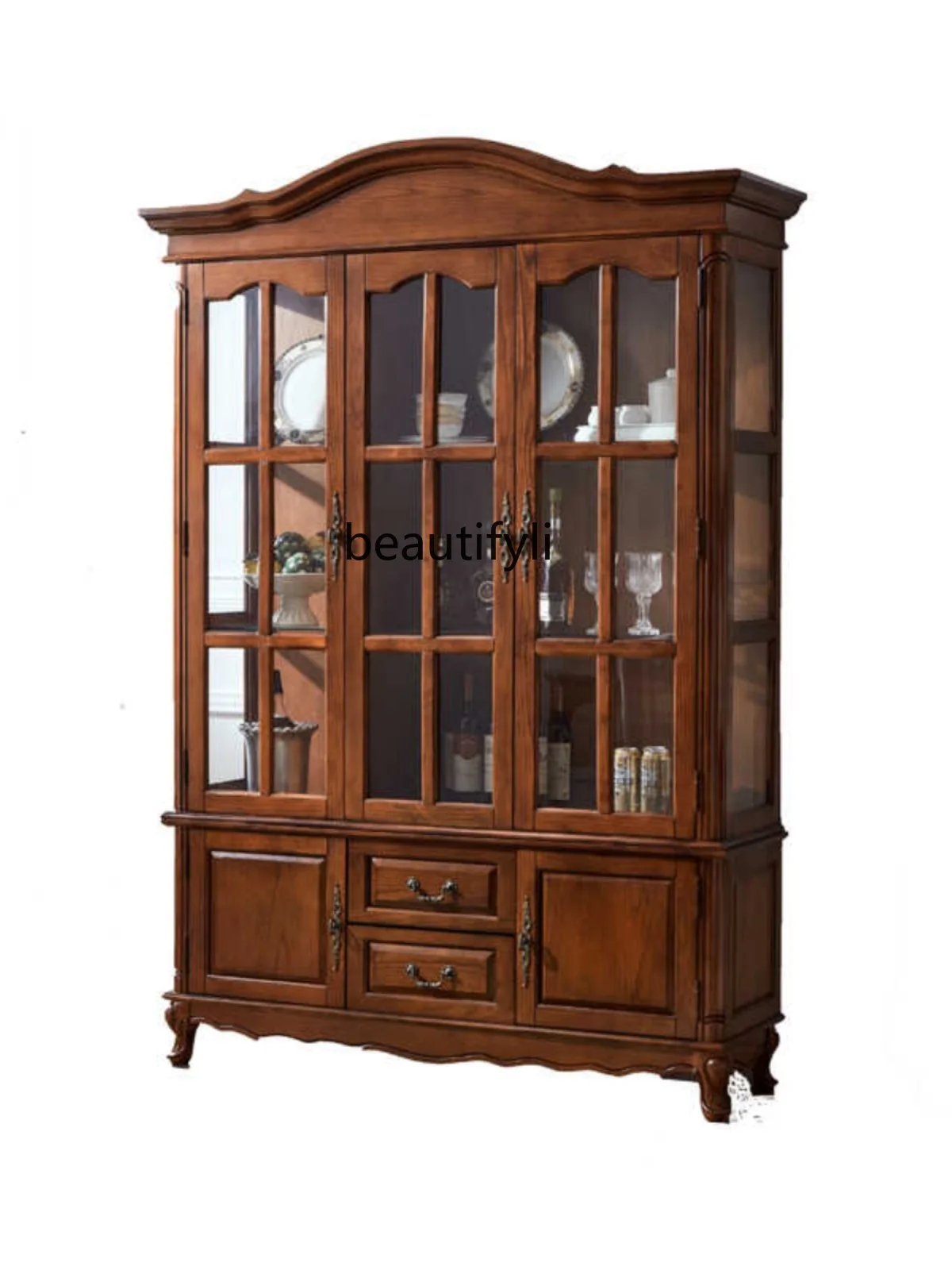 

American solid wood, simple living room three-door storage display cabinet TV side cabinet glass decorative cabinet