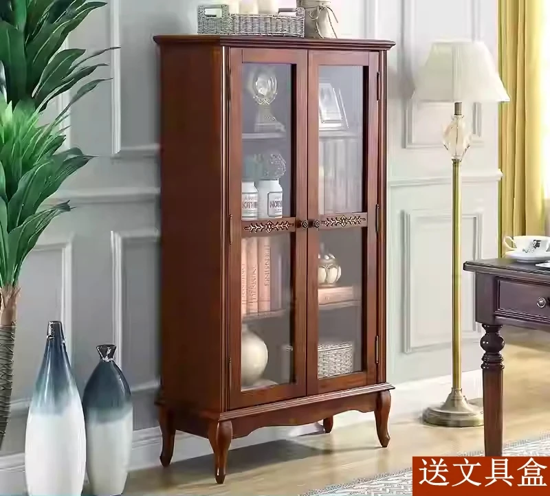 

American bookshelf with door Solid wood glass door Bookcase Floor storage TV side cabinet