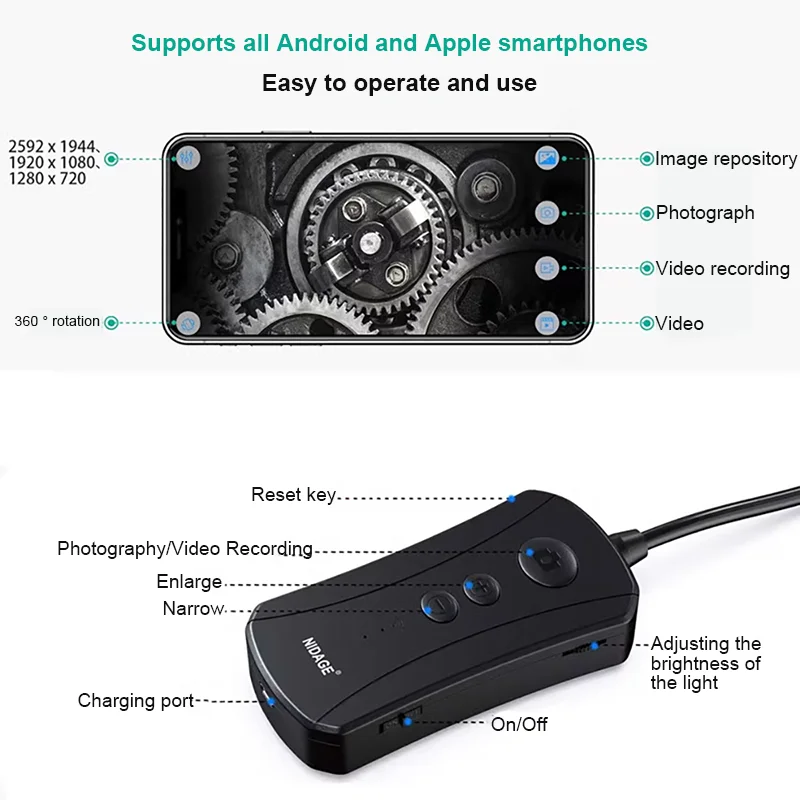 Celular de Alta Definição com Endoscópio WiFi, Câmera de Ampliação 3x, Inspeção de Manutenção Automotiva, Lente 8mm, Comprimento 1m-15m, 1200W