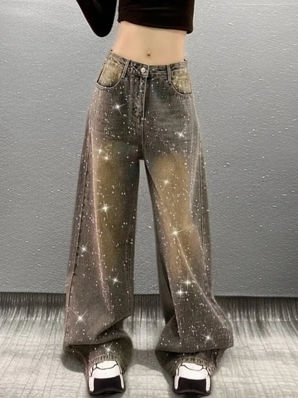 

Spring 2026 Glittering Diamond Embellied Heavyweight Wide Leg High Waist Straight Cut Women's Jeans Casual Sle Multi-ket