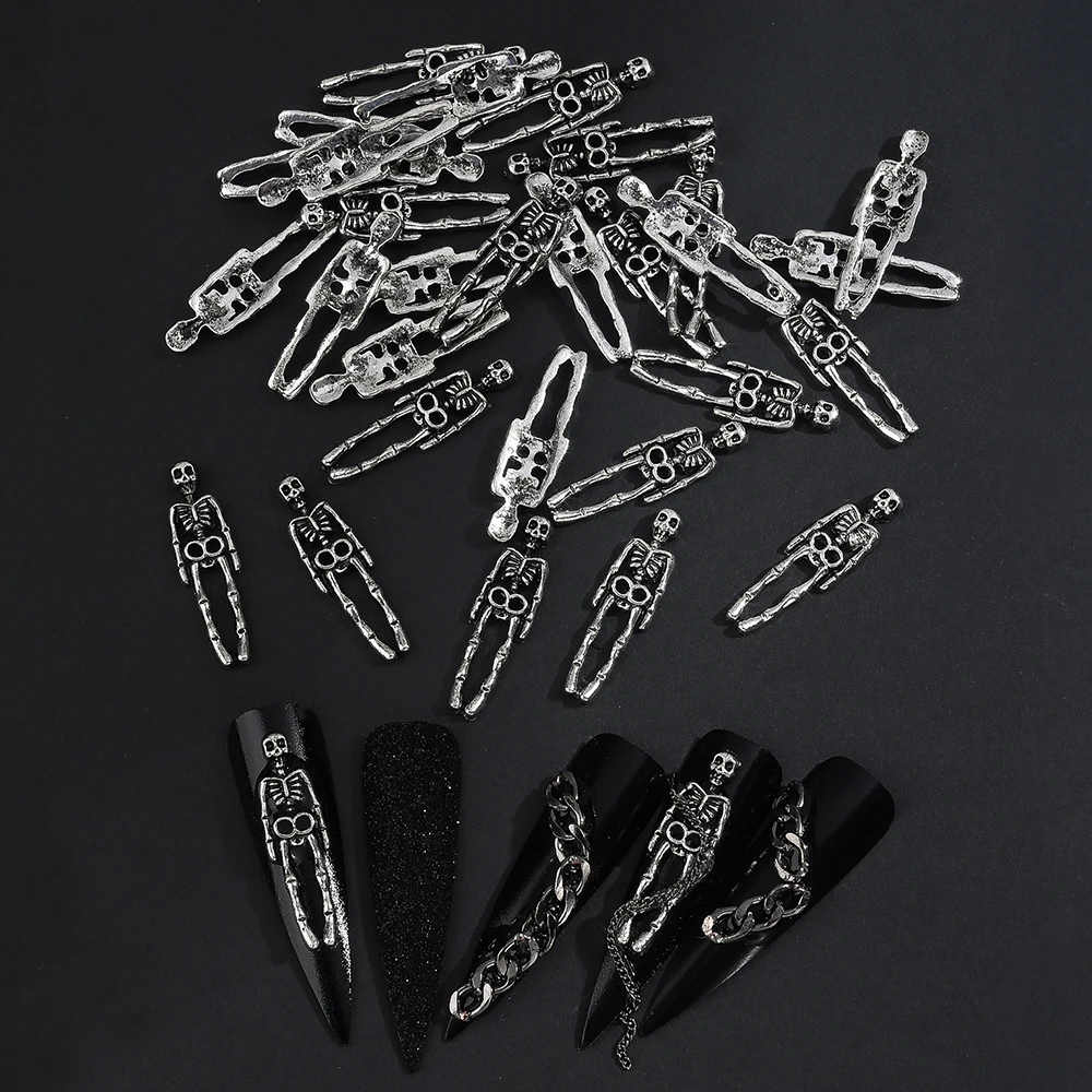 10pcs Vintage Silver Skull Nail Charms Y2K Gothic Punk Metal Skeleton Nail Rhinestones Design Manicure Gem Jewelry Decorations *