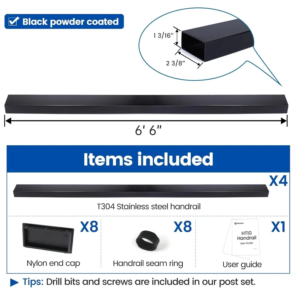 4Pack 6ft Stainless Steel Cable Railing Handrail Weldless Design Top Rail System Seamless Black Handrail Deck Stair Indoor