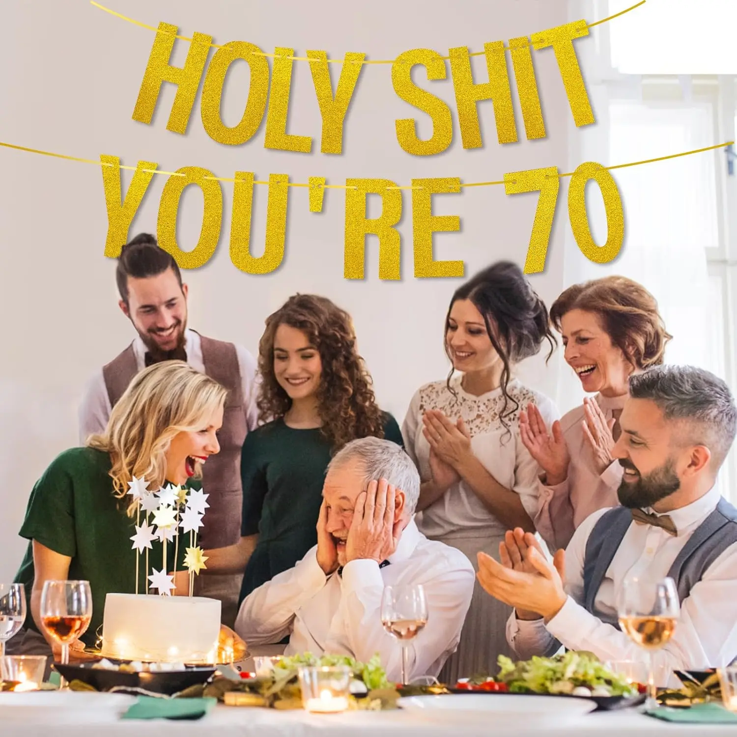 لافتة زينة لحفلات أعياد الميلاد الذهبية اللامعة، لوازم زينة حفلات أعياد الميلاد السبعينيات المضحكة، دعائم الصور السبعين باللون الذهبي