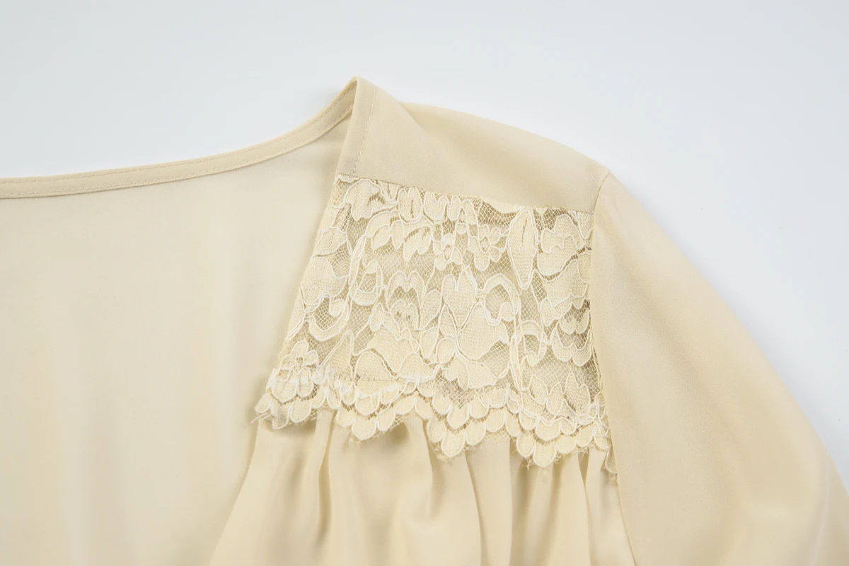 Hugcitar Modische 2-teilige Sets mit V-Ausschnitt, langen Ärmeln, Knöpfen, Patchwork-Spitzenoberteil, Kordelzug, plissiertem Maxirock, Urlaubsoutfit für Damen – Detail 6