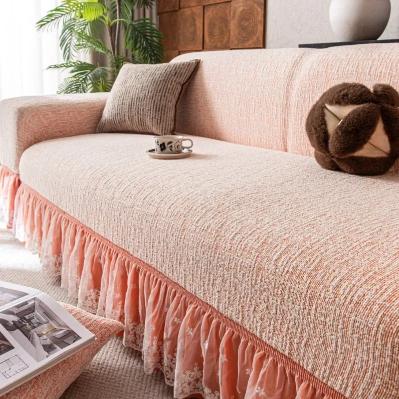 1pcs Pink Couch Cover with Lace Edges Anti Cat Paw Fully Wrapped Couch Case Elasticity Living Room Decoration Sofa Slipcover