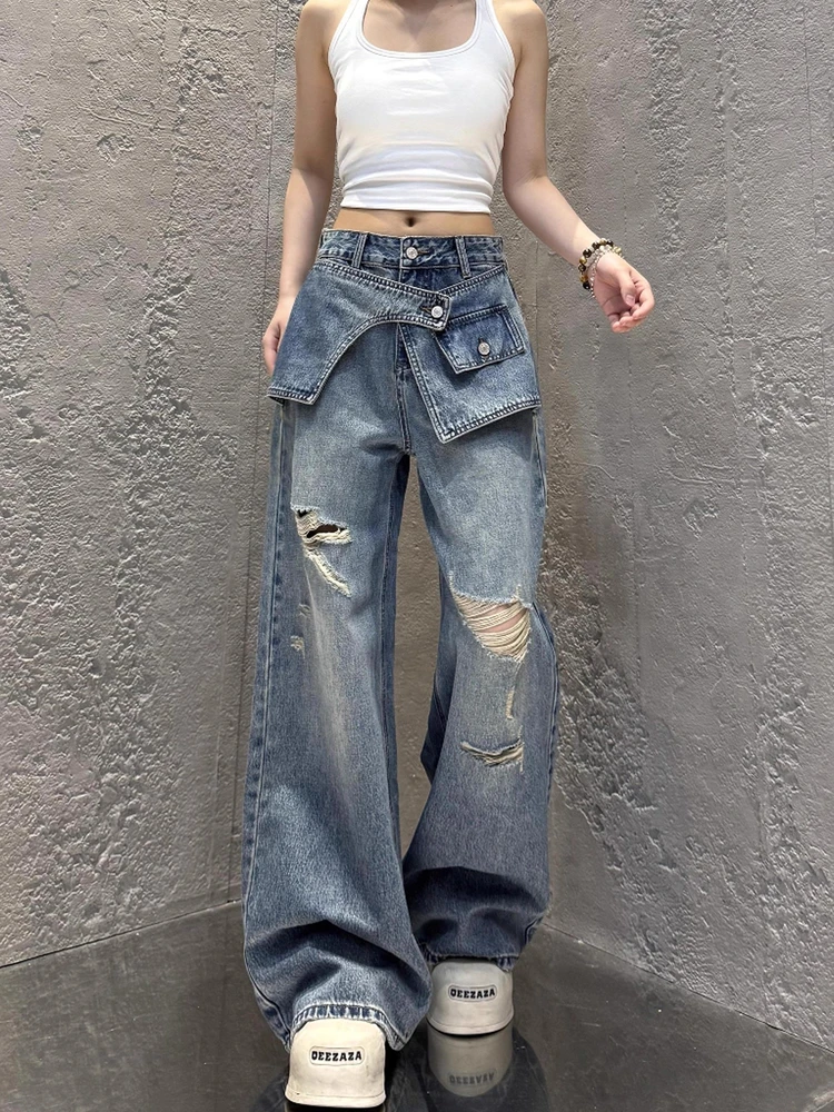 

American Sle Wide Leg Denim Jeans Women's Autumn plus Size Fat MM Design Sense Versatile Loose Slim Straight Floor-Length P...