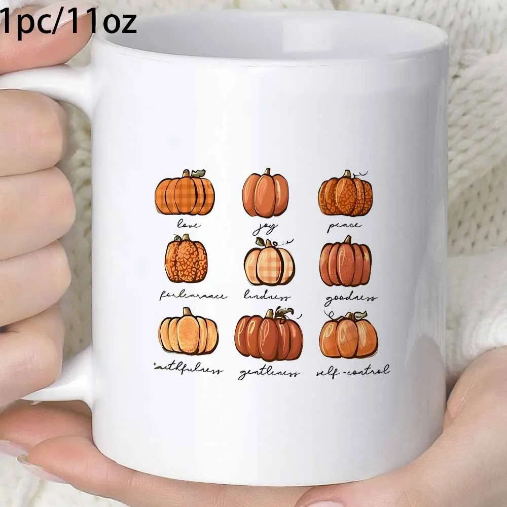 1pc Novelty Pumpkin Fruit of the Spirit Love Joy Peace Faith Mug, Coffee Cup, Juice Cup, 12.17oz, Fun Gift