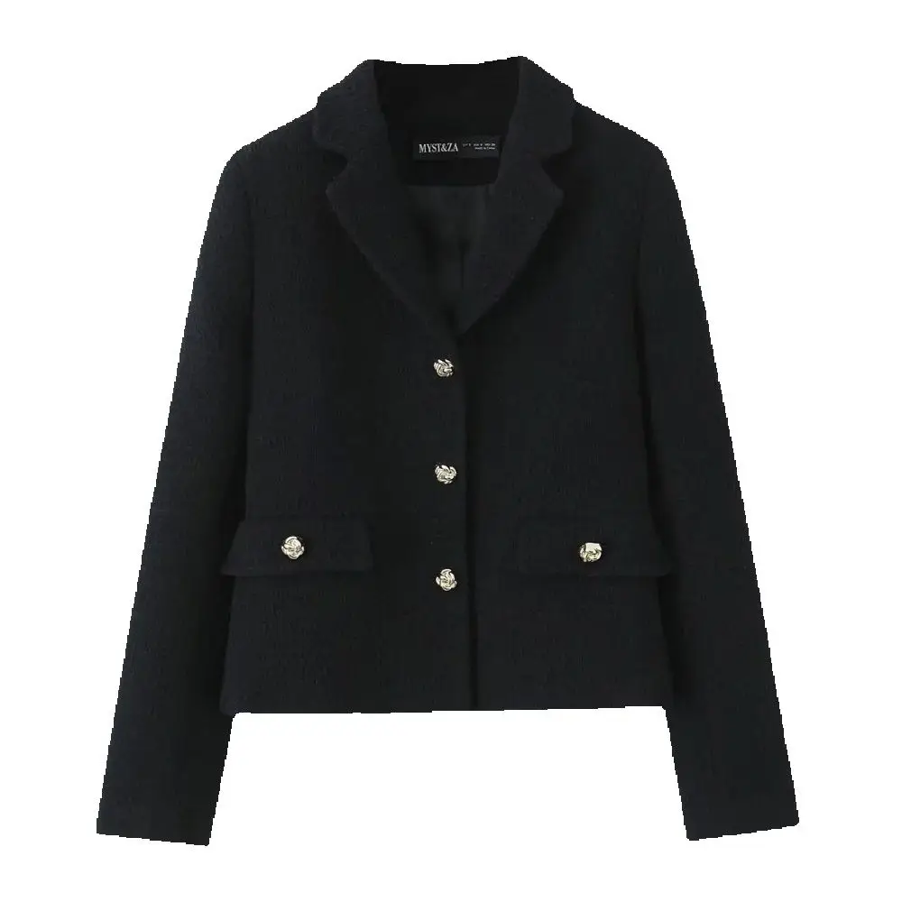 

Женский текстурированный свободный топ с лацканами, длинными рукавами и карманами на пуговицах, осенне-зимнее шерстяное пальто в новом стиле