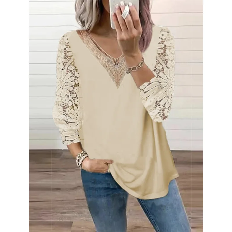 Autumn V-neck Lace Office Lady Blouse Spring Fashion Long Sleeve Hollow Chiffon Shirt Casual Tops Loose Clothes Blusas 25948