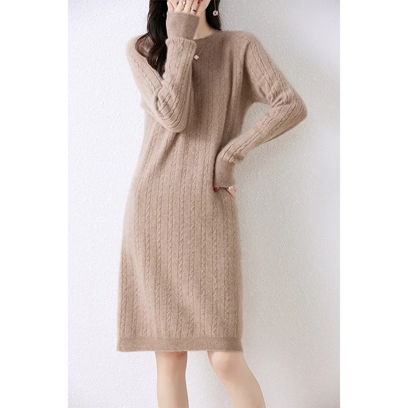 Elegant Cashmere Sweater Womens Dresses 100% Merino Wool Autumn Winter New O-neck Knitted Dress Female Casual Long-Sleeve Skirts