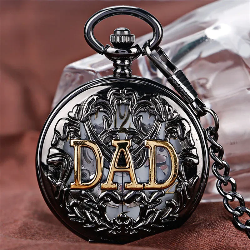 Steampunk Black Hollow Out Case Men's Handwinding Mechanical Pocket Watch Dad Design Pendant Chain Clock Gift To Father