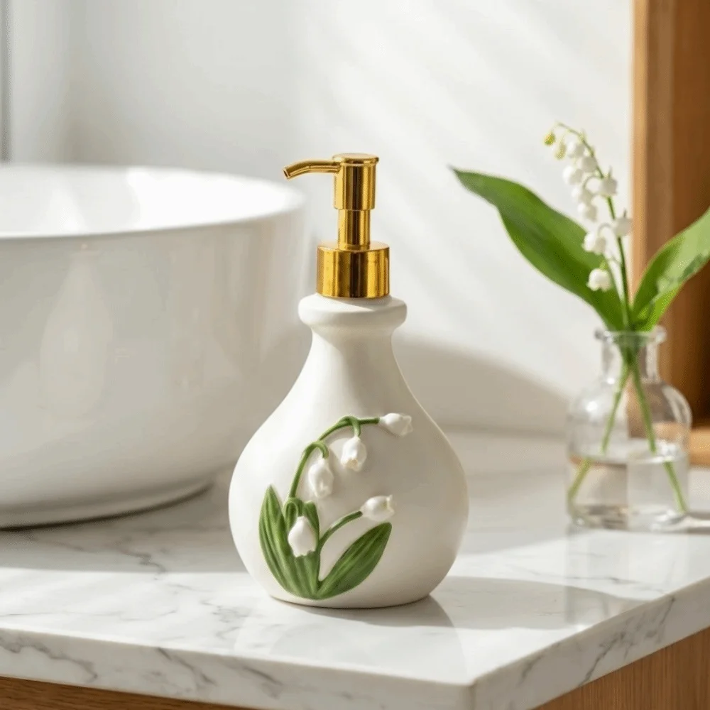 French 3D Floral Resin Soap Dispenser Freestanding Elegant Bellflower of the Valley Embossed Bottle Decor Vintage