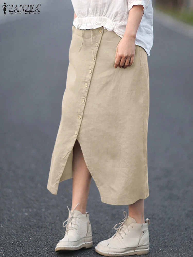 ZANZEA Women Retro Midi Skirt Autumn Elastic Waist Vintage Solid Color Long Jupe Pure Cotton Loose Casual Button Up Faldas Mujer