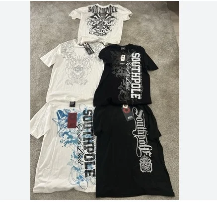 

Y2K Vintage SouthPole Белая футболка GRUNGE Черная графическая рубашка Мужская городская хип-хоп готическая хип-хоп уличная мода футболка больших размеров