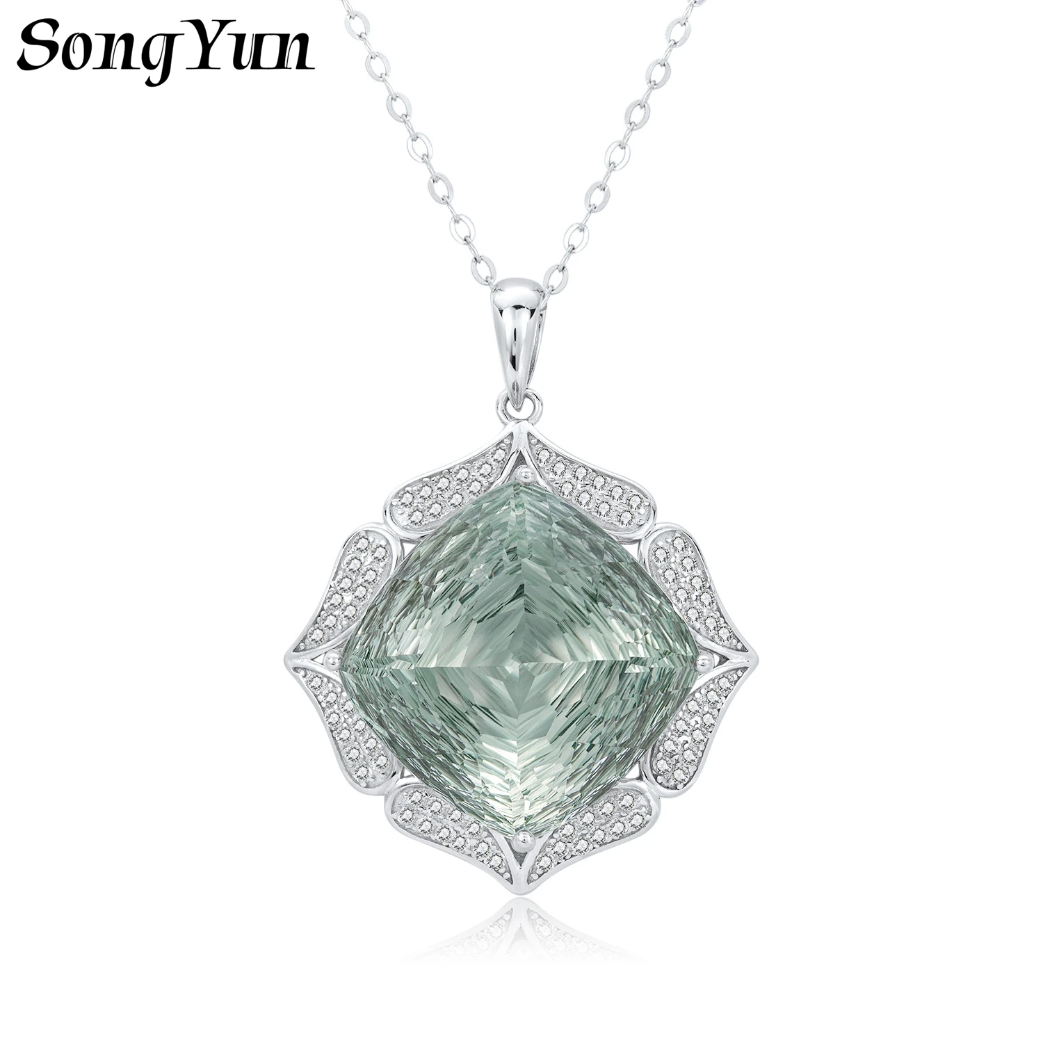 SONGYUN Natural Gemstones Jewelry Women's Long Sweater Necklace S925 Silver Inlaid Large Natural Green Quartz Pendant Jewelry