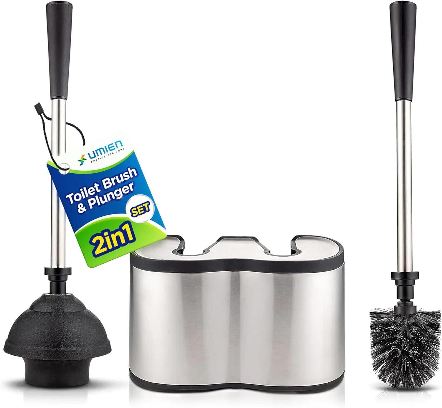 

Stainless Steel Toilet Brush and Plunger Set with Long Handles, Freestanding Canister, No-Rust Design