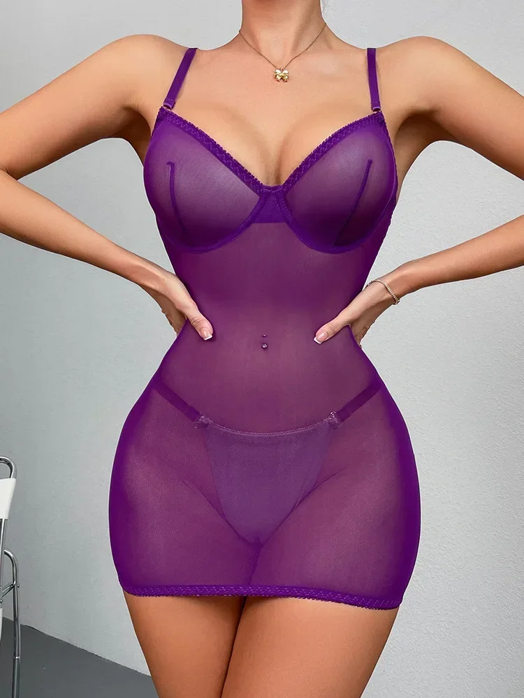 Mesh Sexy Camisole Underwear Transparent Lace Erotic Tempting Purple Dress Elegant Mesh Lace Sweet Bandage Hot Sexy Korean