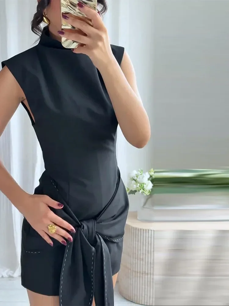 Preto sem mangas vestido feminino alta pescoço contraste ponto gravata cintura mini vestidos 2025 elegante feminino diário all-match vestidos