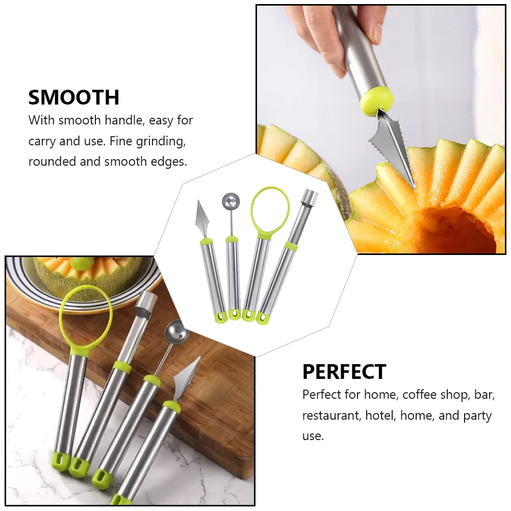 

4pcs Fruit Ball Digger Set Stainless Steel PP Material Smooth Handle for Watermelon Cucumber Pitaya Kitchen Gadget Restaurant