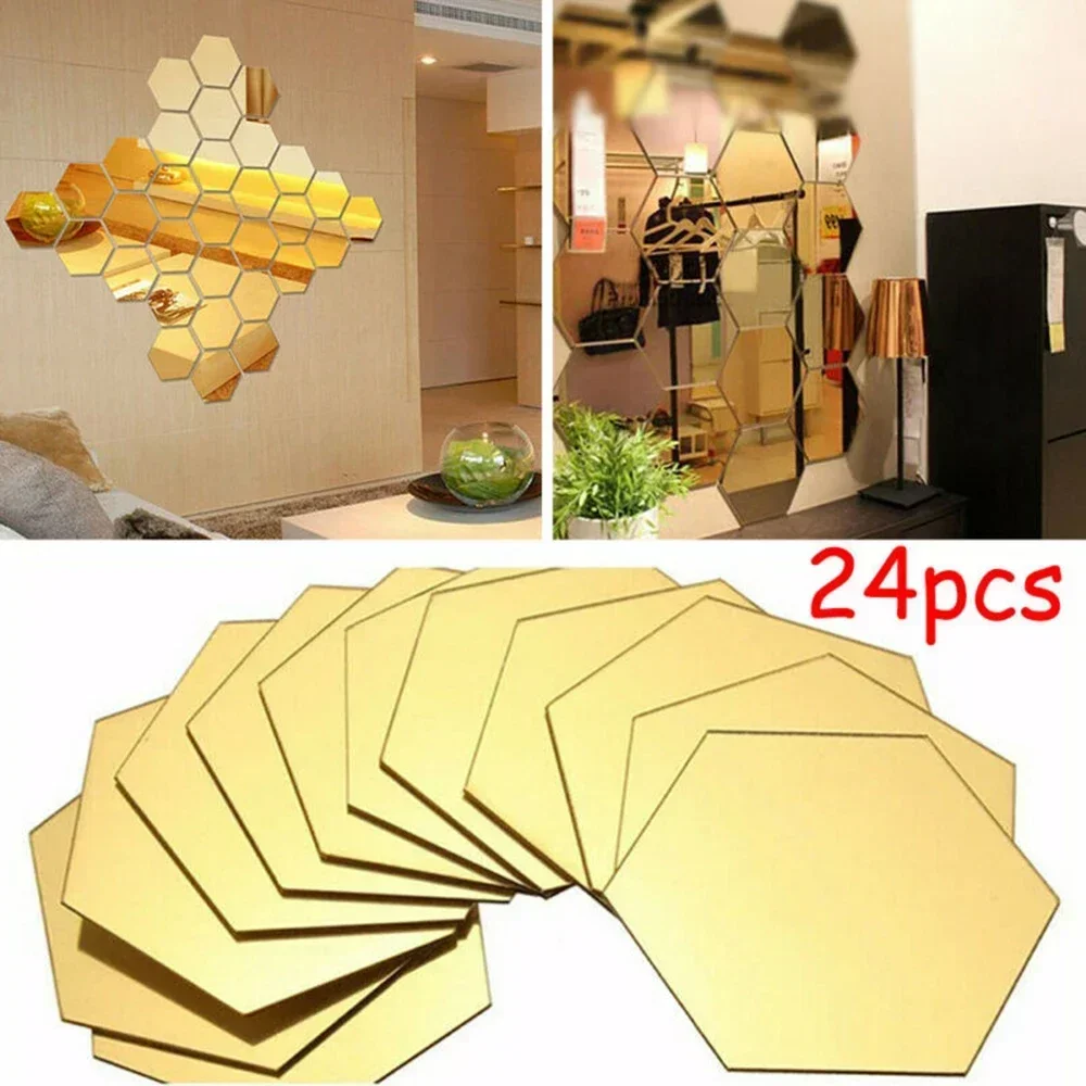 24Pcs 3D Mirror Hexagonal Wall Stickers Restaurant Aisle Floor Personality Decorative Mirror Paste Living Room Decals Decor DIY