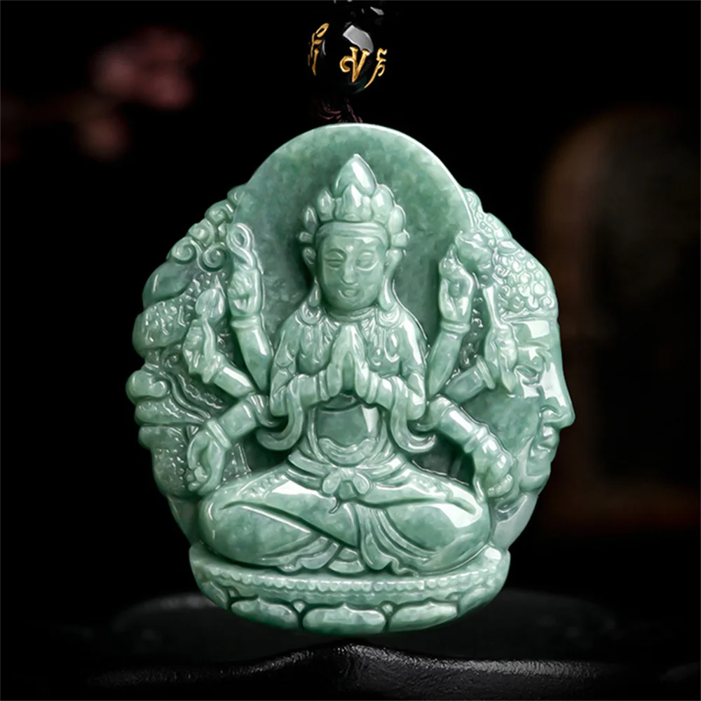 Retro Natural Green Jadeite Carved Thousand Hand GuanYin Lucky Pendant Amulet Necklace Certificate Luxury Jade Vintage Jewelry