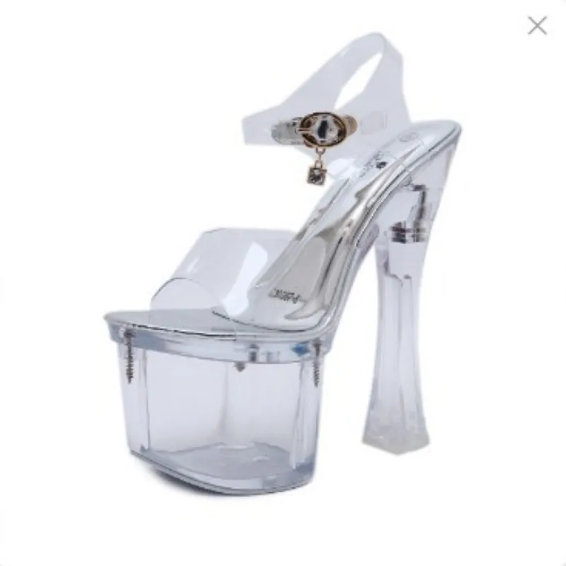 

New Fashion Summer Women Sandals PVC Transparent Flower 20CM Square heel Buckle Strap Waterproof Platform Super High Women Shoe