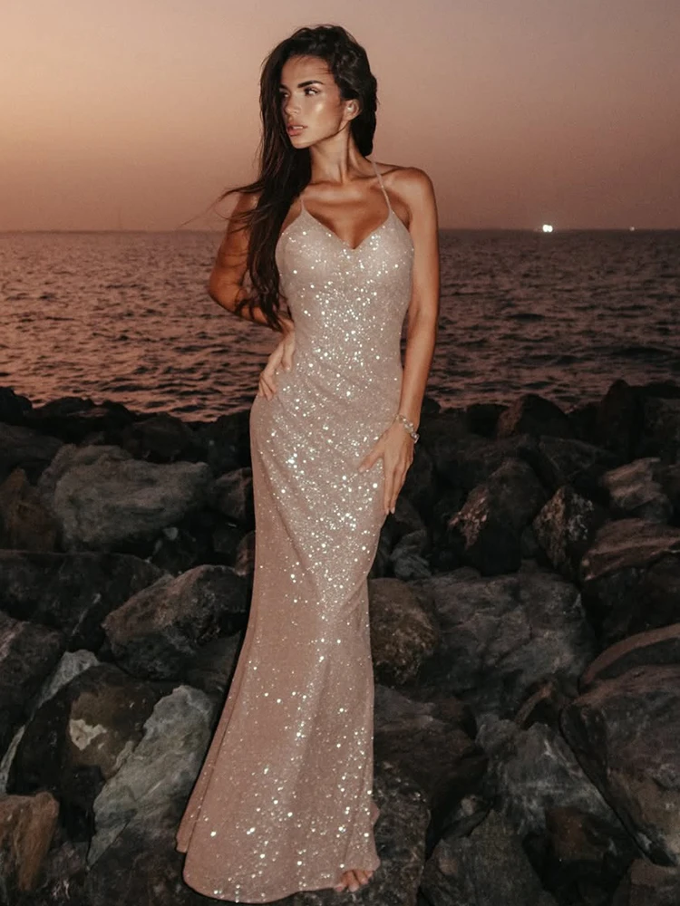 Kliou Sexy Mode Lange Jurken Vrouw Lage Hals Cross Bandage Backless Glanzende Pailletten 2026 Nieuwe Stijl Prom Party Elegante vestidos