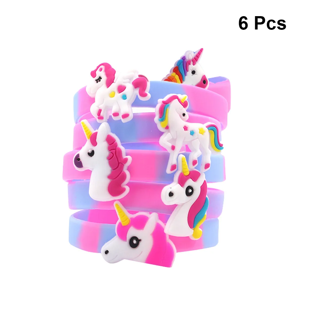 Pulseira de unicórnio para crianças, 6 peças, colorida, à prova d'água, pulseiras de silicone, lembrança de festa, conjunto de presente de halloween, bolsa de presentes, recompensas escolares