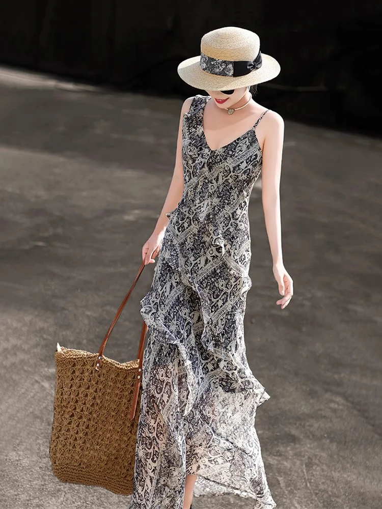 ReddaChic Damska Letnia Sukienka Maxi z Głębokim Dekoltem, Szyfonowa, z Nadrukiem, Dekolt V, Cienkie Ramiączka, Asymetryczna Falbanka, Jednoczęściowa, Boho, Wakacyjna, Plażowa