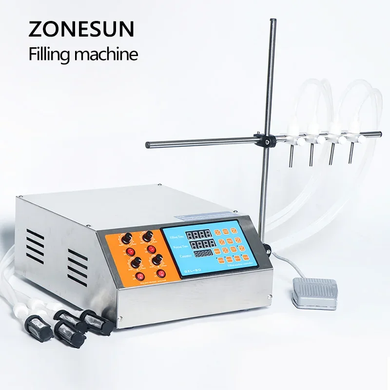 ZONESUN 4 فوهة الرأس آلة تعبئة السوائل العطور عصير الماء الضروري النفط الكهربائية مضخة التحكم الرقمي السائل حشو