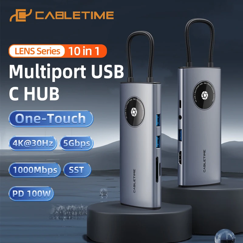 

CABLETIME 10 IN 1 Multiport USB C HUB Support MST One-Touch 4K@30Hz 5Gbps Transmission PD 100W 1000Mbps Lan Port for Laptop iMac